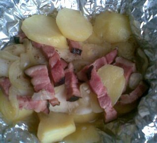 Pangas s cibulkou a anglickou slaninou