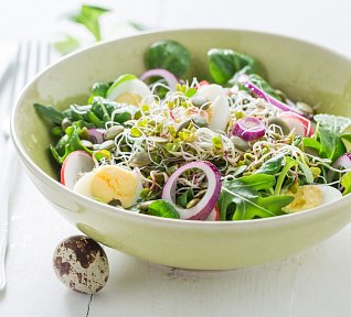 Salát s křepelčím vejcem a klíčky