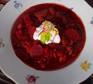 Rajčatová polévka s řepou a mletým masem