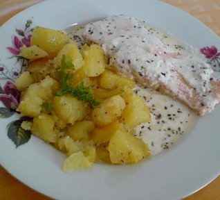 Losos s jogurtovou omáčkou a smetanové brambory
